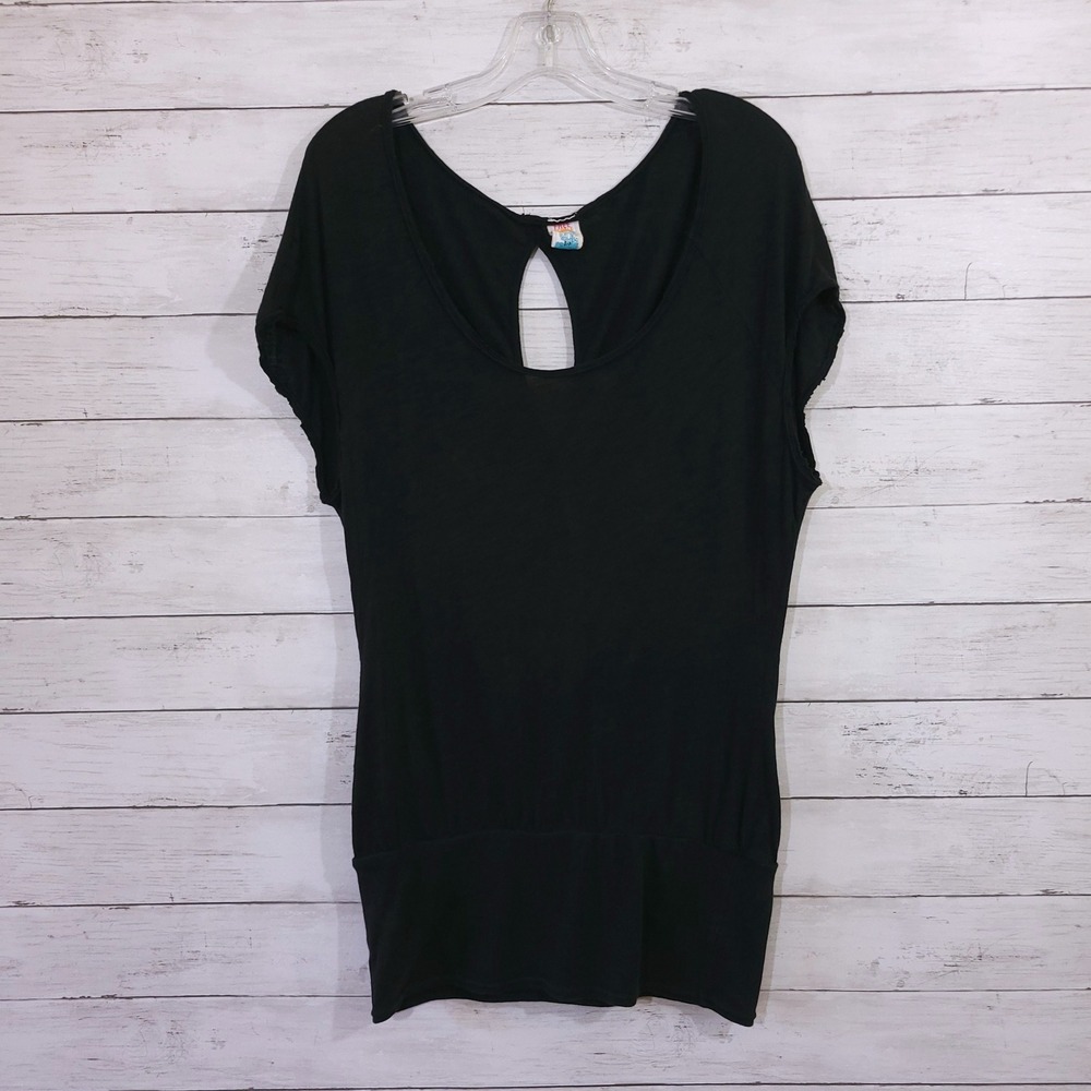 Free People Black Scoop Neck Keyhole Back Banded Hem Tunic Top Small